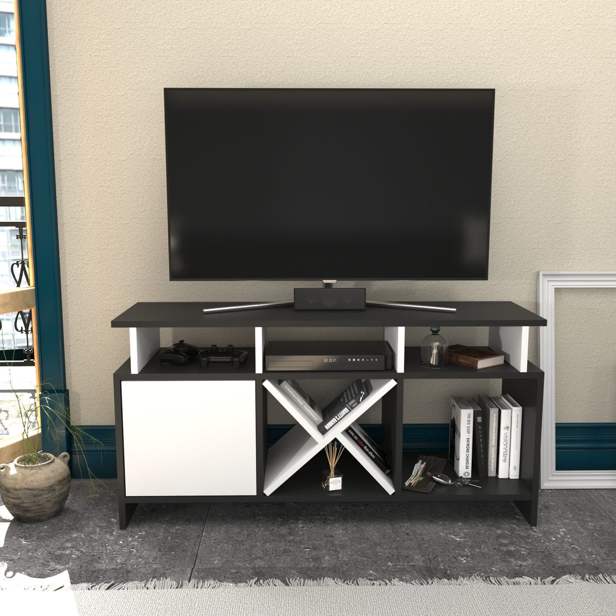 Comodă TV Auburn, Diverse culori, 120x30x61 cm - Antracit - Alb | SKU: 322RTC2373 | Comodă TV Auburn, 120x30x61 cm, varianta Antracit - Alb, produs pentru amenajarea locuinței, disponibil online în România la CasaMob
