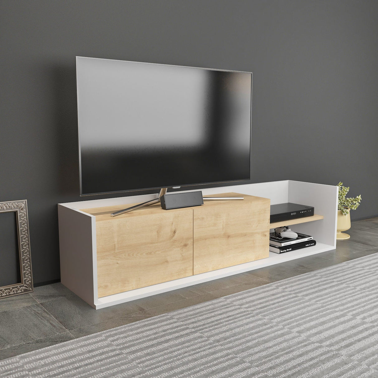 Comodă TV Krog, Diverse culori, 160x35x37 cm - Alb - Stejar | SKU: 322RTC2388 | Comodă TV Krog, 160x35x37 cm, varianta Alb - Stejar, produs pentru amenajarea locuinței, disponibil online în România la CasaMob
