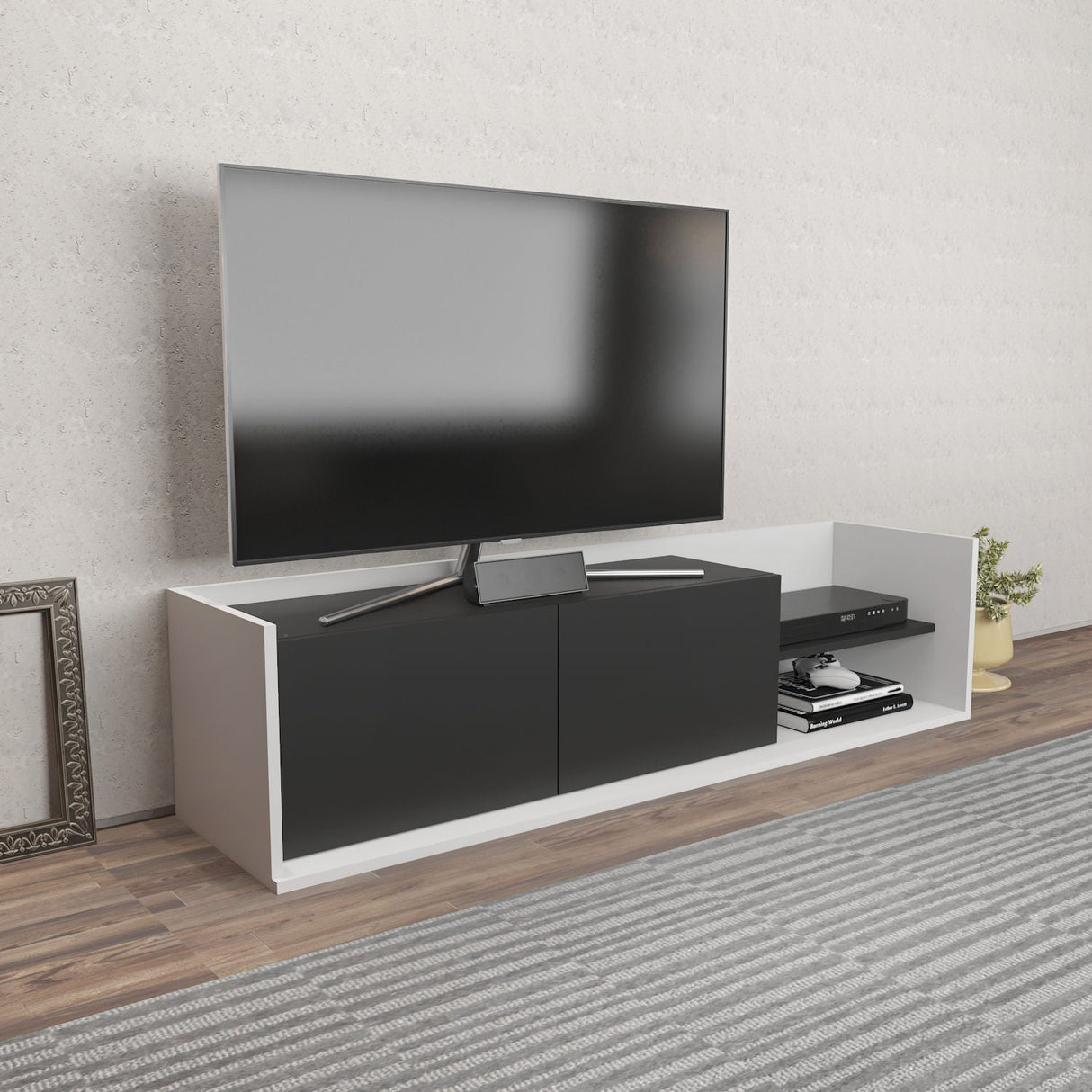 Comodă TV Krog, Diverse culori, 160x35x37 cm - Alb - Antracit | SKU: 322RTC2389 | Comodă TV Krog, 160x35x37 cm, varianta Alb - Antracit, produs pentru amenajarea locuinței, disponibil online în România la CasaMob