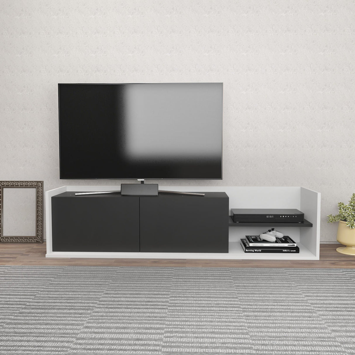 Comodă TV Krog, Diverse culori, 160x35x37 cm - Alb - Antracit | SKU: 322RTC2389 | Comodă TV Krog, 160x35x37 cm, varianta Alb - Antracit, produs pentru amenajarea locuinței, disponibil online în România la CasaMob