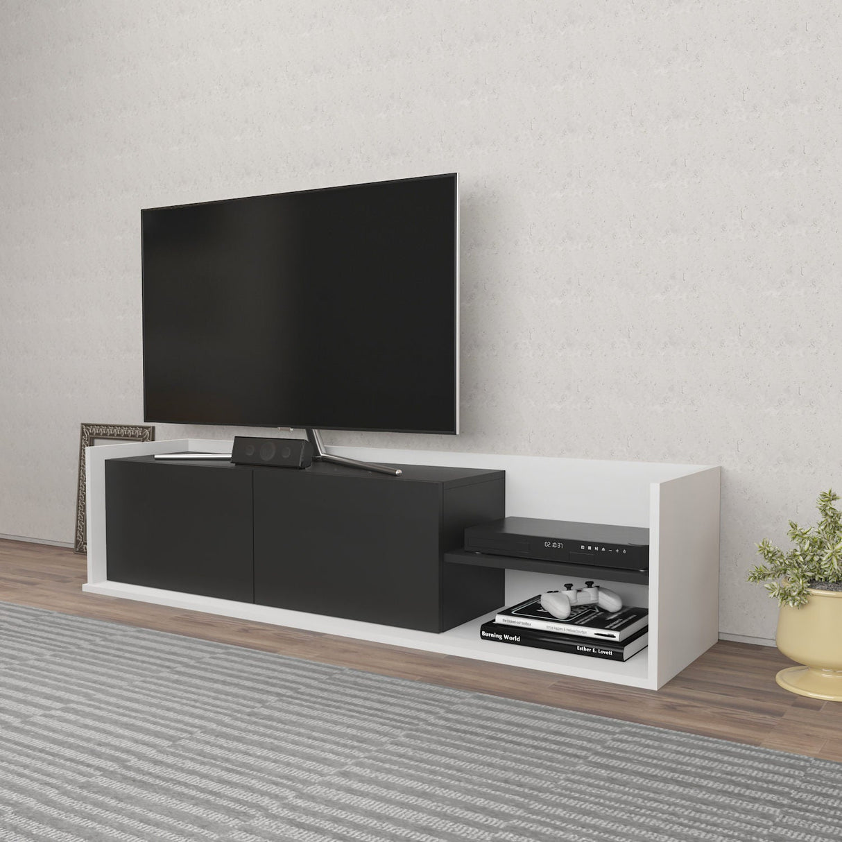 Comodă TV Krog, Diverse culori, 160x35x37 cm - Alb - Antracit | SKU: 322RTC2389 | Comodă TV Krog, 160x35x37 cm, varianta Alb - Antracit, produs pentru amenajarea locuinței, disponibil online în România la CasaMob