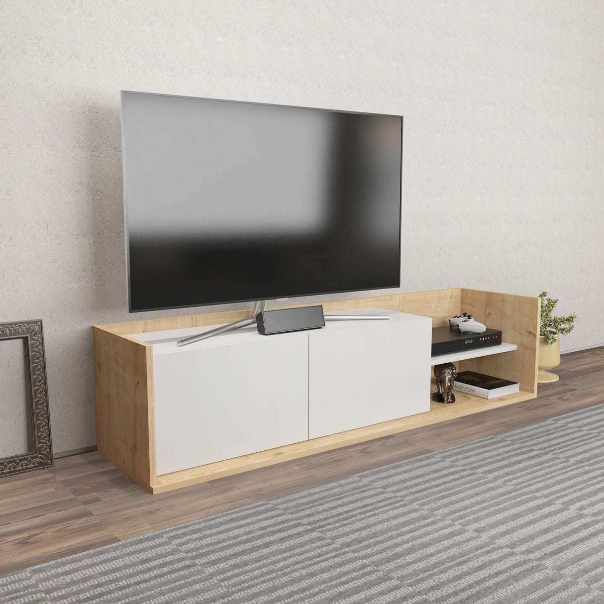 Comodă TV Krog, Diverse culori, 160x35x37 cm - Stejar - Alb | SKU: 322RTC2392 | Comodă TV Krog, 160x35x37 cm, varianta Stejar - Alb, produs pentru amenajarea locuinței, disponibil online în România la CasaMob