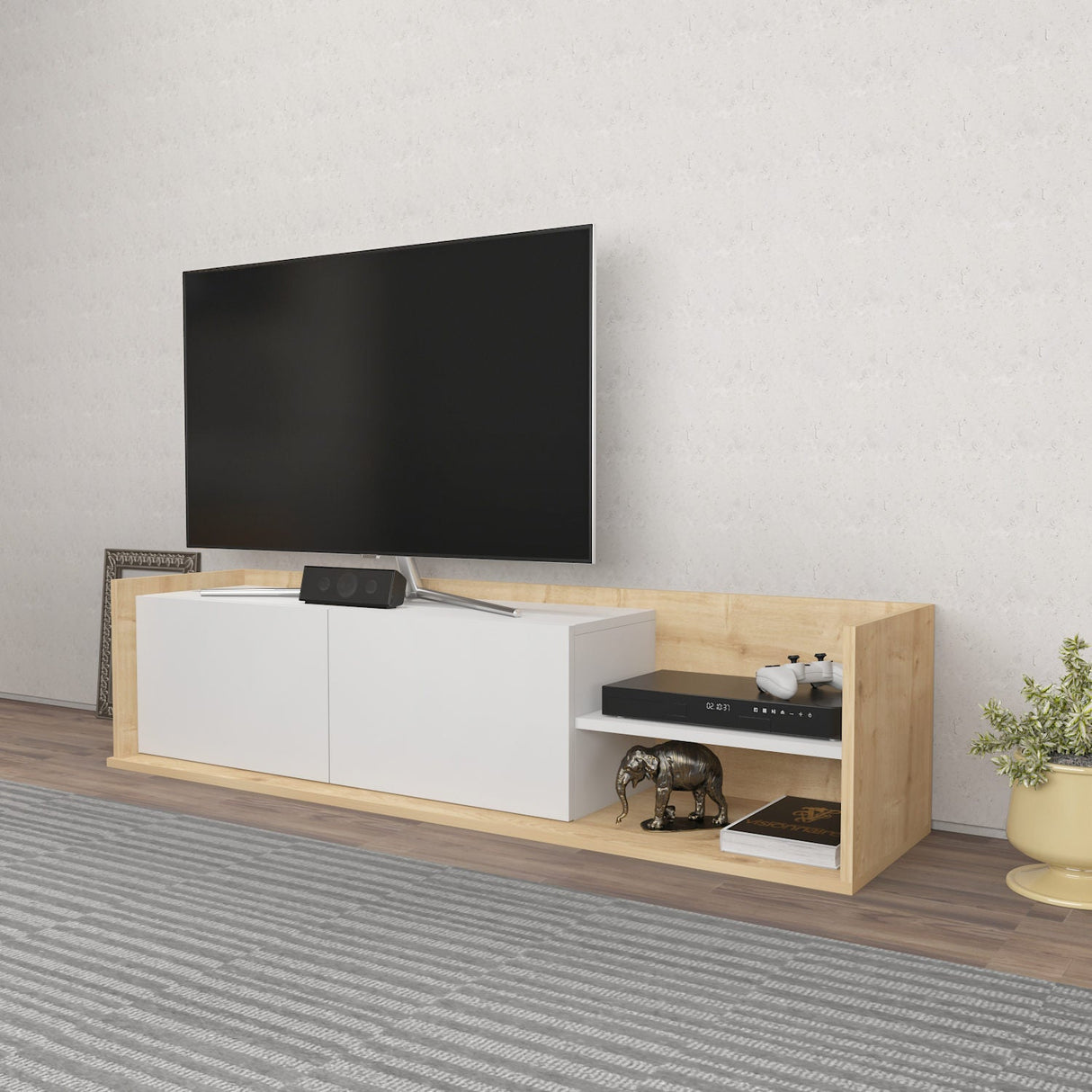 Comodă TV Krog, Diverse culori, 160x35x37 cm - Stejar - Alb | SKU: 322RTC2392 | Comodă TV Krog, 160x35x37 cm, varianta Stejar - Alb, produs pentru amenajarea locuinței, disponibil online în România la CasaMob