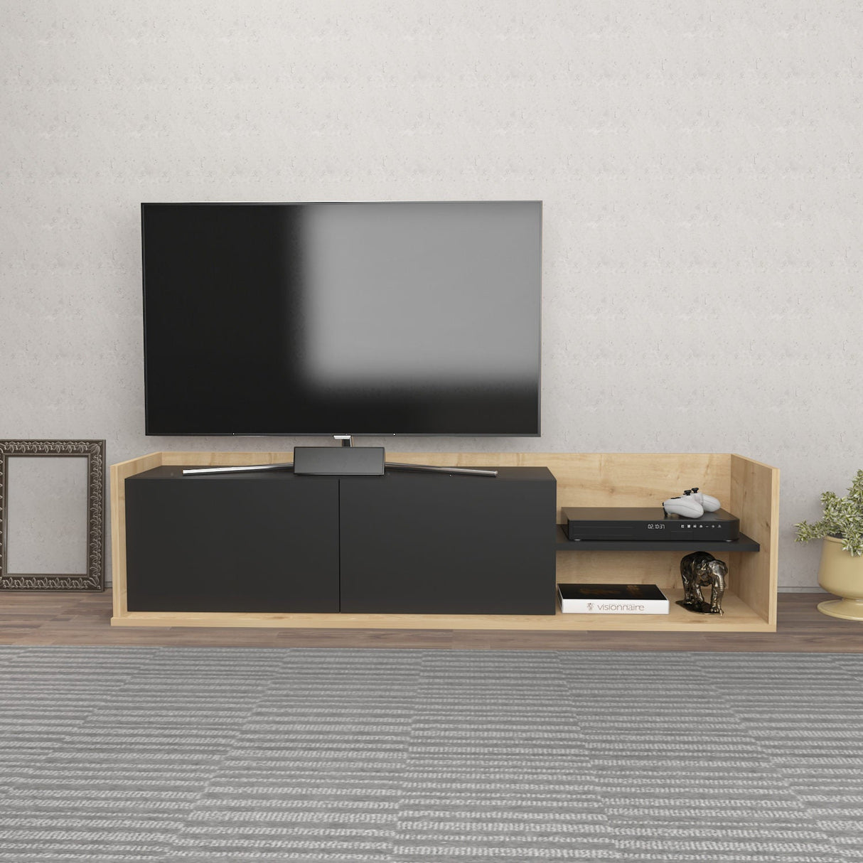 Comodă TV Krog, Diverse culori, 160x35x37 cm - Stejar - Antracit | SKU: 322RTC2393 | Comodă TV Krog, 160x35x37 cm, varianta Stejar - Antracit, produs pentru amenajarea locuinței, disponibil online în România la CasaMob