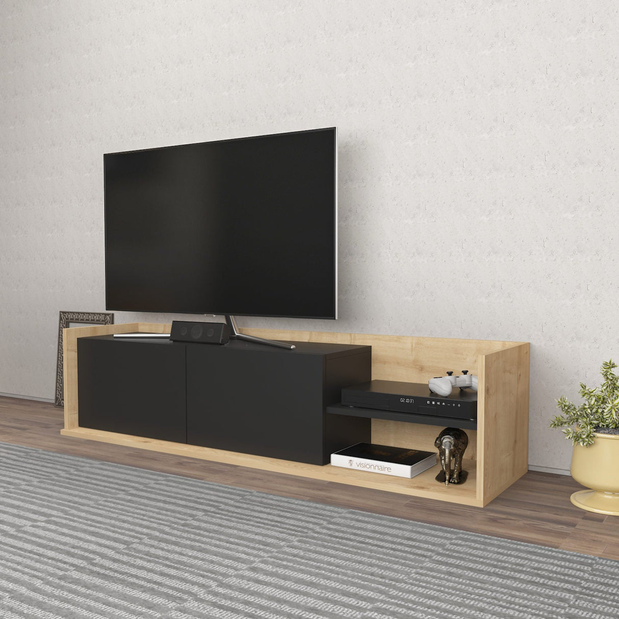 Comodă TV Krog, Diverse culori, 160x35x37 cm - Stejar - Antracit | SKU: 322RTC2393 | Comodă TV Krog, 160x35x37 cm, varianta Stejar - Antracit, produs pentru amenajarea locuinței, disponibil online în România la CasaMob
