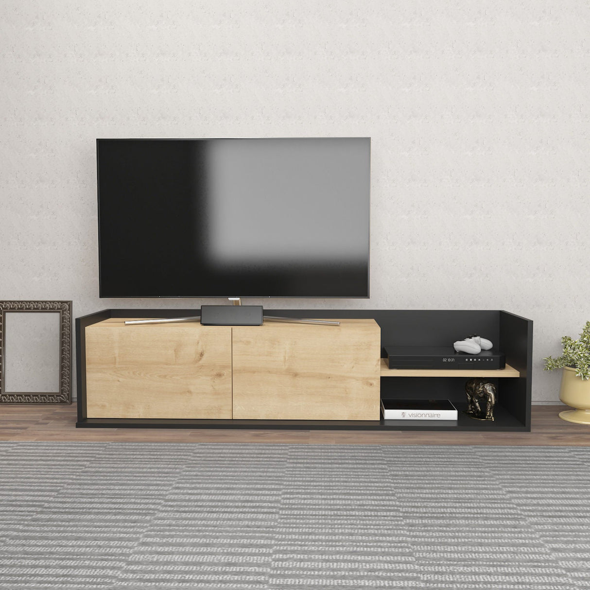 Comodă TV Krog, Diverse culori, 160x35x37 cm - Antracit - Stejar | SKU: 322RTC2397 | Comodă TV Krog, 160x35x37 cm, varianta Antracit - Stejar, produs pentru amenajarea locuinței, disponibil online în România la CasaMob