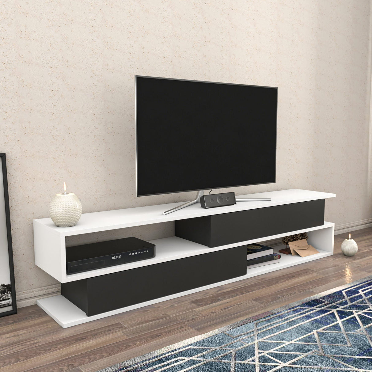 Comodă TV Cortez, Diverse culori, 160x35x39 cm - Alb - Antracit | SKU: 322RTC2406 | Comodă TV Cortez, 160x35x39 cm, varianta Alb - Antracit, produs pentru amenajarea locuinței, disponibil online în România la CasaMob