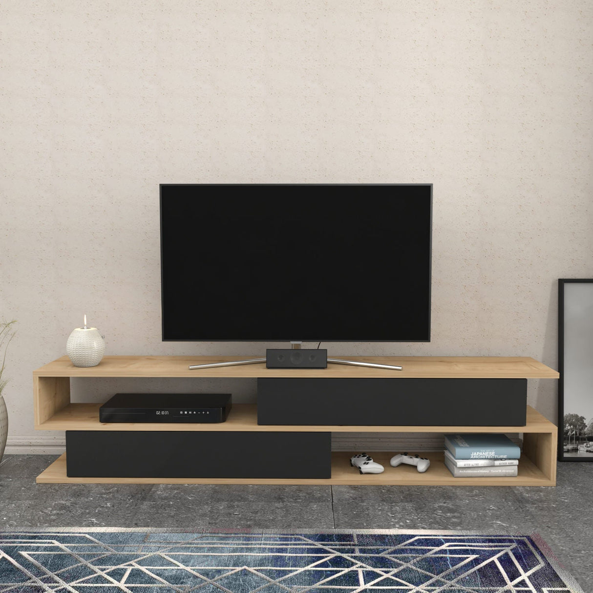 Comodă TV Cortez, Diverse culori, 160x35x39 cm - Stejar - Antracit | SKU: 322RTC2410 | Comodă TV Cortez, 160x35x39 cm, varianta Stejar - Antracit, produs pentru amenajarea locuinței, disponibil online în România la CasaMob