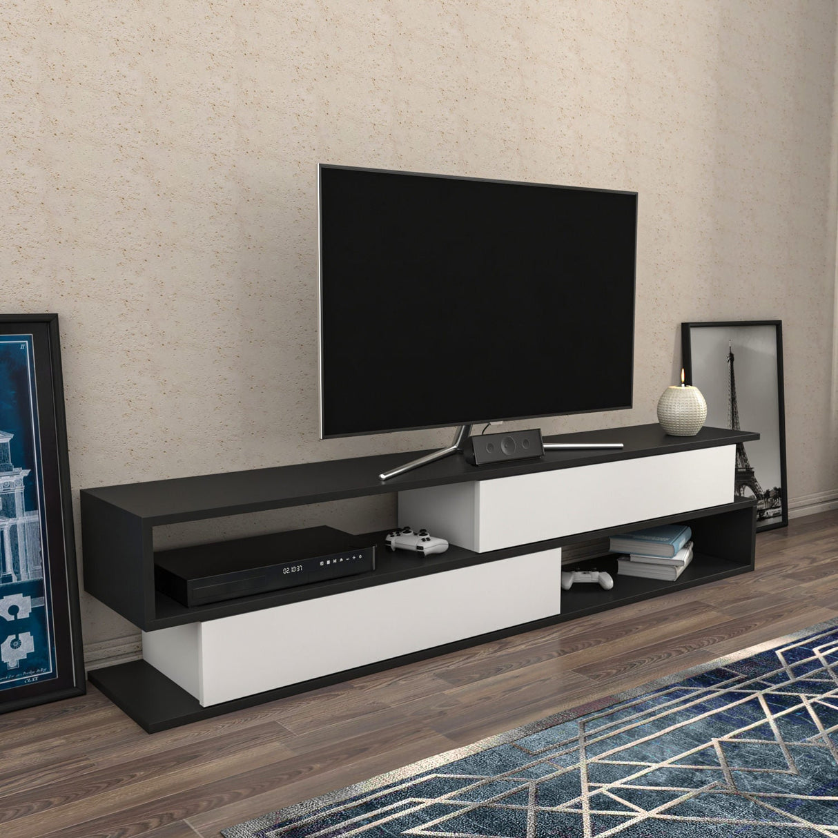 Comodă TV Cortez, Diverse culori, 160x35x39 cm - Antracit - Alb | SKU: 322RTC2413 | Comodă TV Cortez, 160x35x39 cm, varianta Antracit - Alb, produs pentru amenajarea locuinței, disponibil online în România la CasaMob