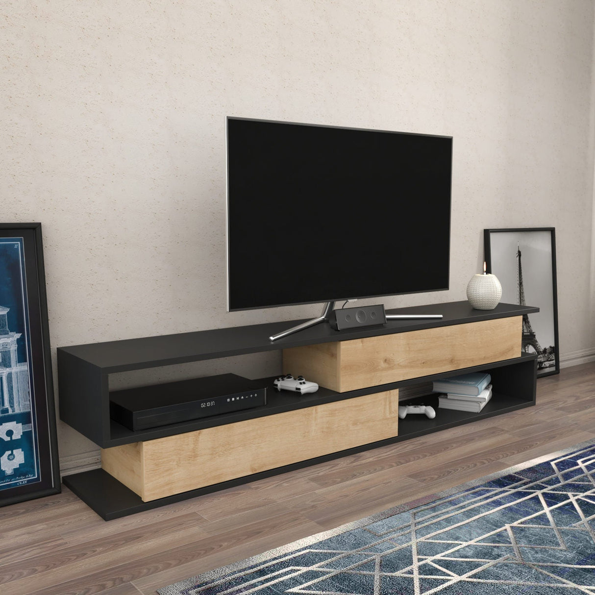 Comodă TV Cortez, Diverse culori, 160x35x39 cm - Antracit - Stejar | SKU: 322RTC2414 | Comodă TV Cortez, 160x35x39 cm, varianta Antracit - Stejar, produs pentru amenajarea locuinței, disponibil online în România la CasaMob