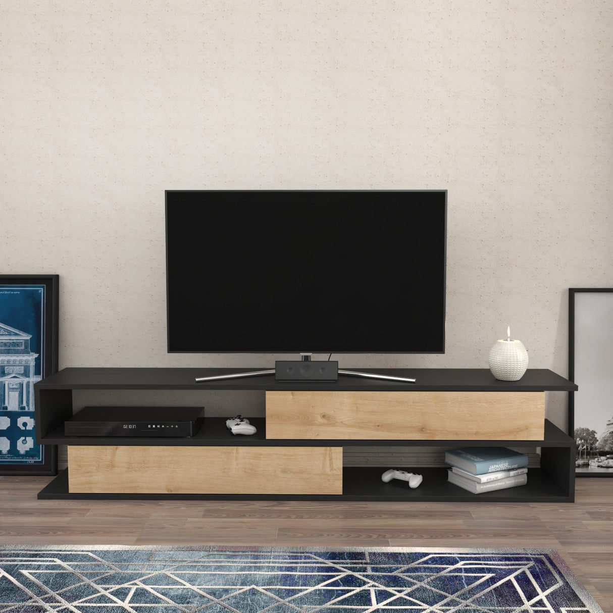 Comodă TV Cortez, Diverse culori, 160x35x39 cm - Antracit - Stejar | SKU: 322RTC2414 | Comodă TV Cortez, 160x35x39 cm, varianta Antracit - Stejar, produs pentru amenajarea locuinței, disponibil online în România la CasaMob