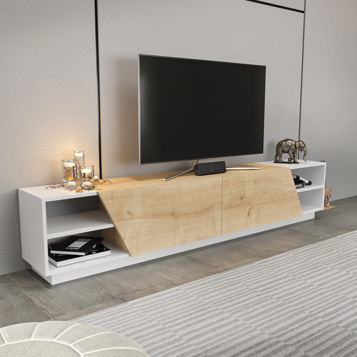 Comodă TV Rhodes, Diverse culori, 240x37x47 cm - Alb - Stejar | SKU: 322RTC2436 | Comodă TV Rhodes, 240x37x47 cm, varianta Alb - Stejar, produs pentru amenajarea locuinței, disponibil online în România la CasaMob