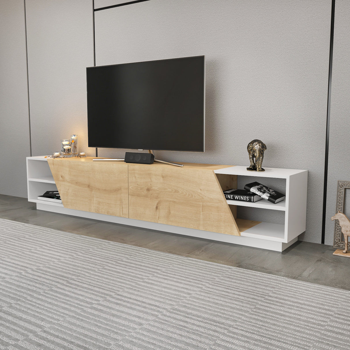 Comodă TV Rhodes, Diverse culori, 240x37x47 cm - Alb - Stejar | SKU: 322RTC2436 | Comodă TV Rhodes, 240x37x47 cm, varianta Alb - Stejar, produs pentru amenajarea locuinței, disponibil online în România la CasaMob