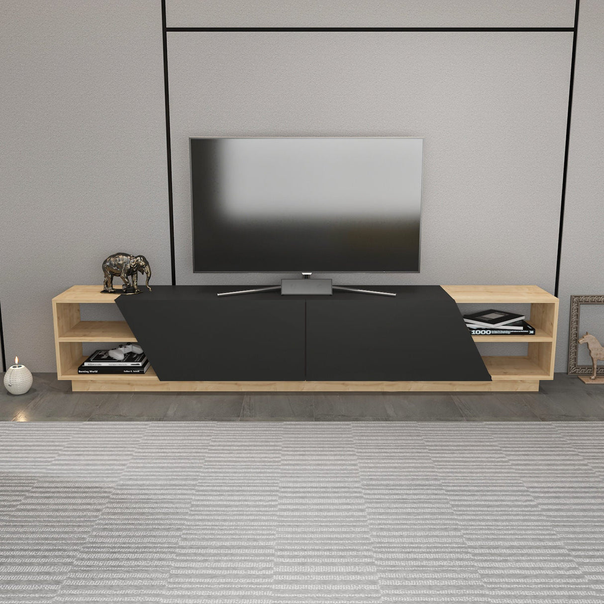 Comodă TV Rhodes, Diverse culori, 240x37x47 cm - Stejar - Antracit | SKU: 322RTC2440 | Comodă TV Rhodes, 240x37x47 cm, varianta Stejar - Antracit, produs pentru amenajarea locuinței, disponibil online în România la CasaMob