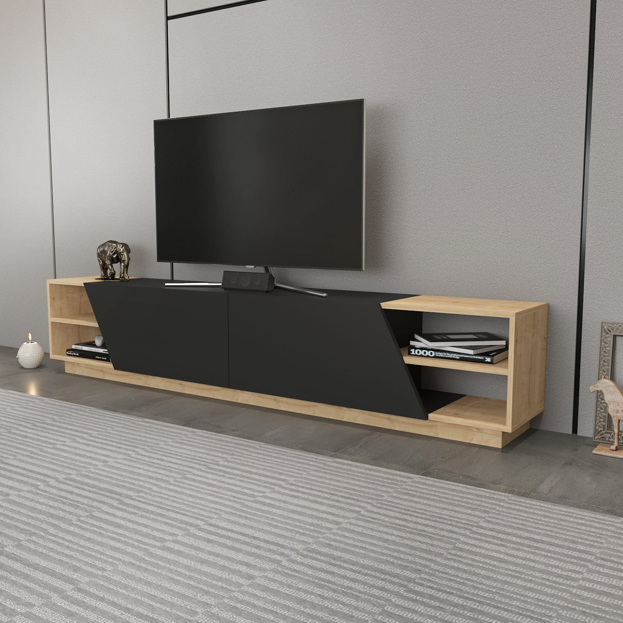 Comodă TV Rhodes, Diverse culori, 240x37x47 cm - Stejar - Antracit | SKU: 322RTC2440 | Comodă TV Rhodes, 240x37x47 cm, varianta Stejar - Antracit, produs pentru amenajarea locuinței, disponibil online în România la CasaMob