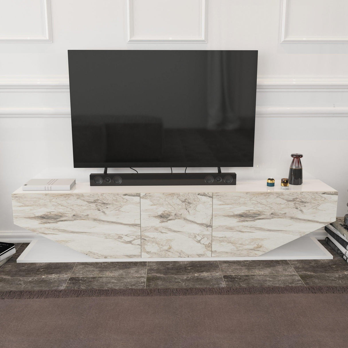 Comodă TV Inci, Diverse culori, 180x30x45 cm - Alb - Marble | SKU: 322RTC2448 | Comodă TV Inci, 180x30x45 cm, varianta Alb - Marble, produs pentru amenajarea locuinței, disponibil online în România la CasaMob