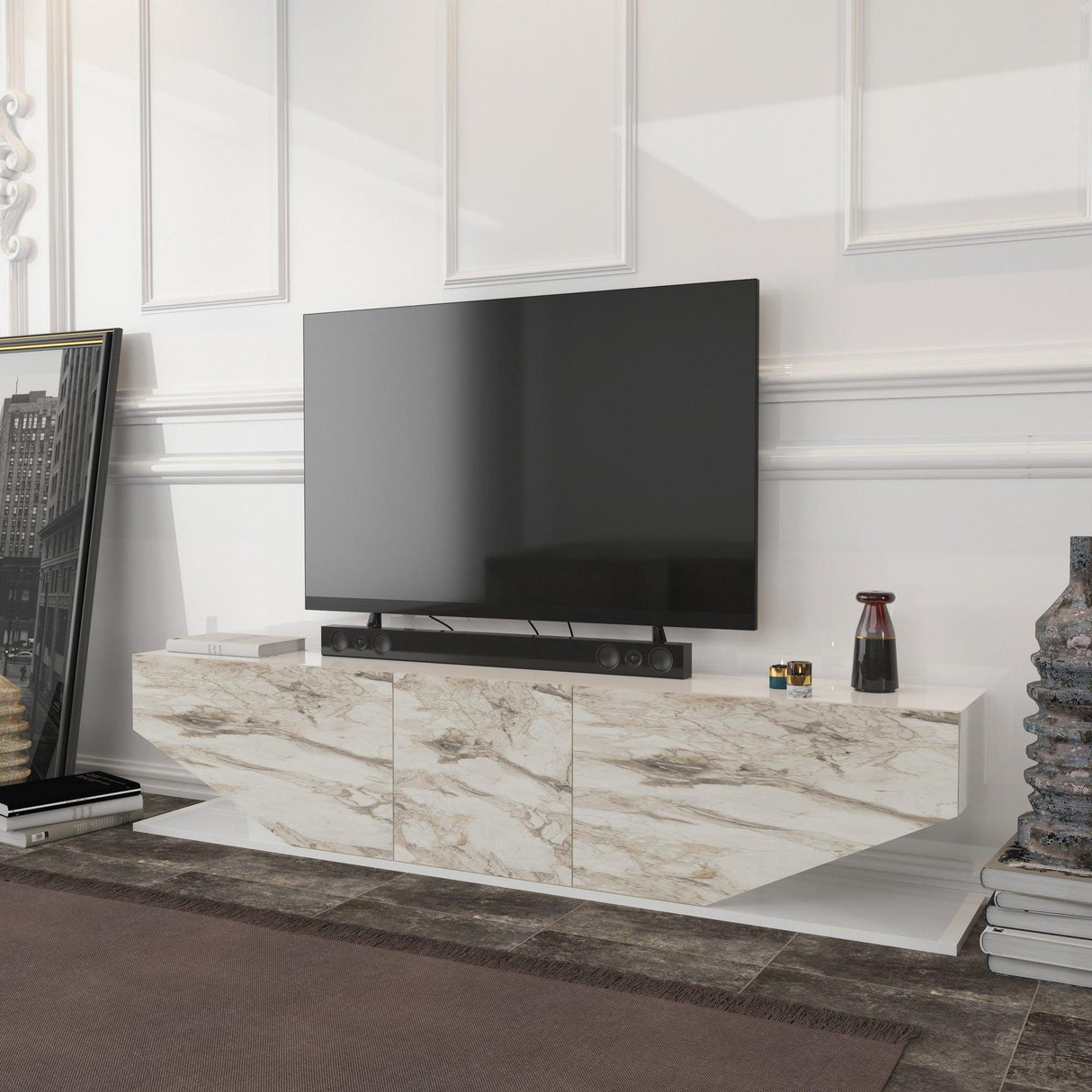 Comodă TV Inci, Diverse culori, 180x30x45 cm - Alb - Marble | SKU: 322RTC2448 | Comodă TV Inci, 180x30x45 cm, varianta Alb - Marble, produs pentru amenajarea locuinței, disponibil online în România la CasaMob