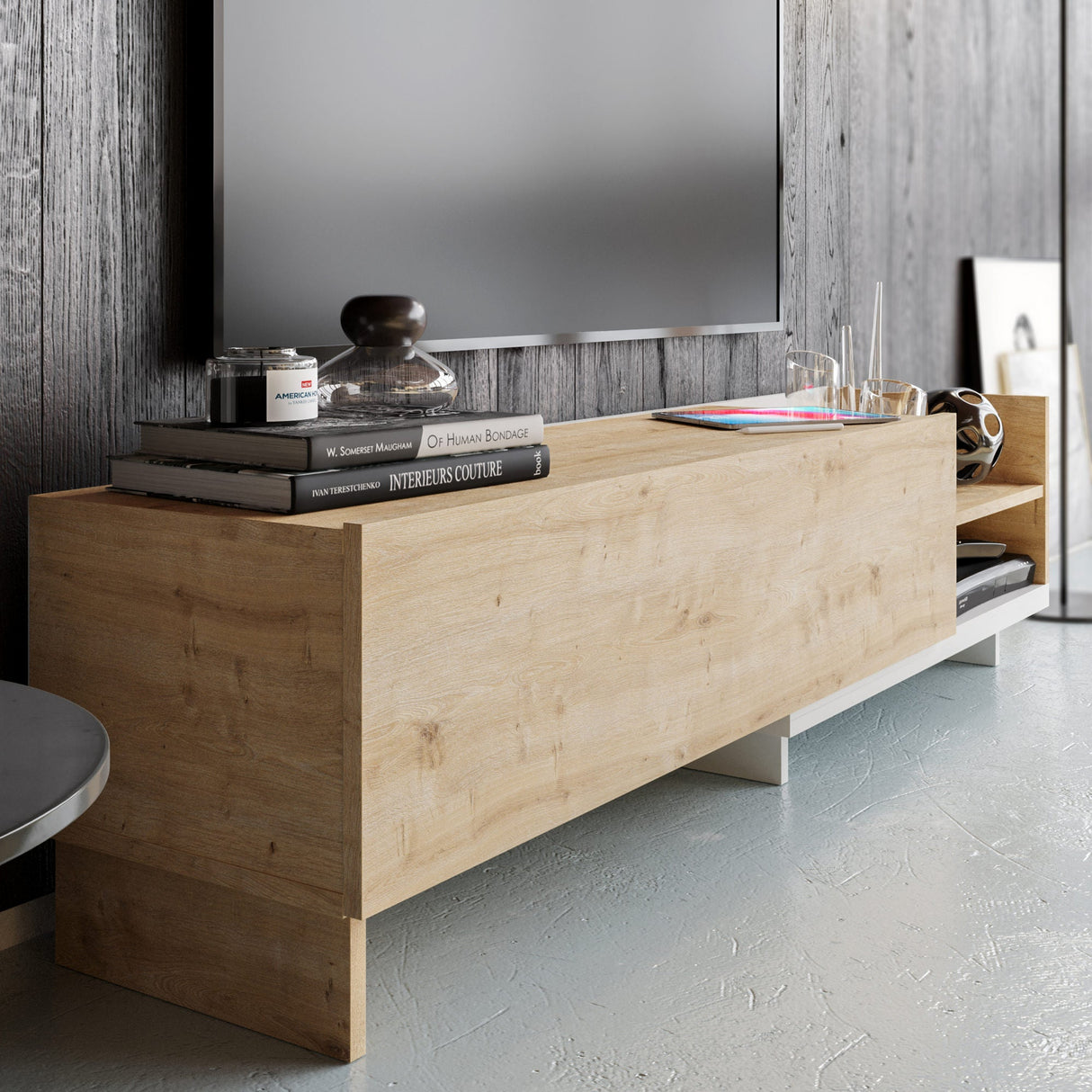 Comodă TV Parion, Diverse culori, 165x35x41 cm - Alb - Sapphire | SKU: 322RTC2453 | Comodă TV Parion, 165x35x41 cm, varianta Alb - Sapphire, produs pentru amenajarea locuinței, disponibil online în România la CasaMob