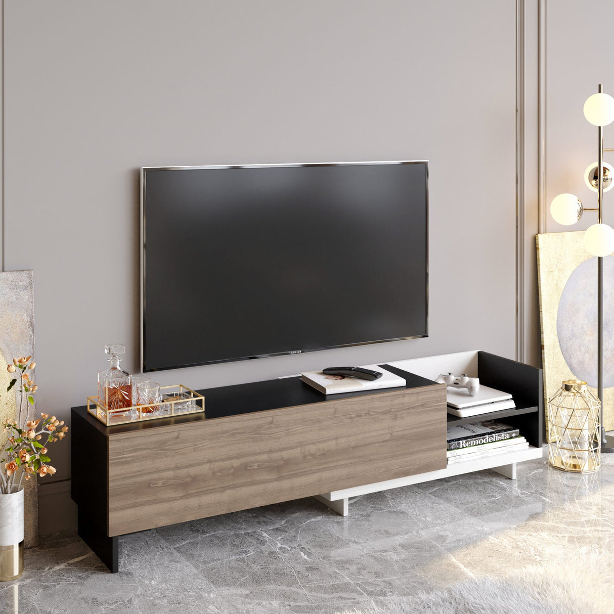 Comodă TV Parion, Diverse culori, 165x35x41 cm - Alb - Negru - Nuc | SKU: 322RTC2454 | Comodă TV Parion, 165x35x41 cm, varianta Alb - Negru - Nuc, produs pentru amenajarea locuinței, disponibil online în România la CasaMob