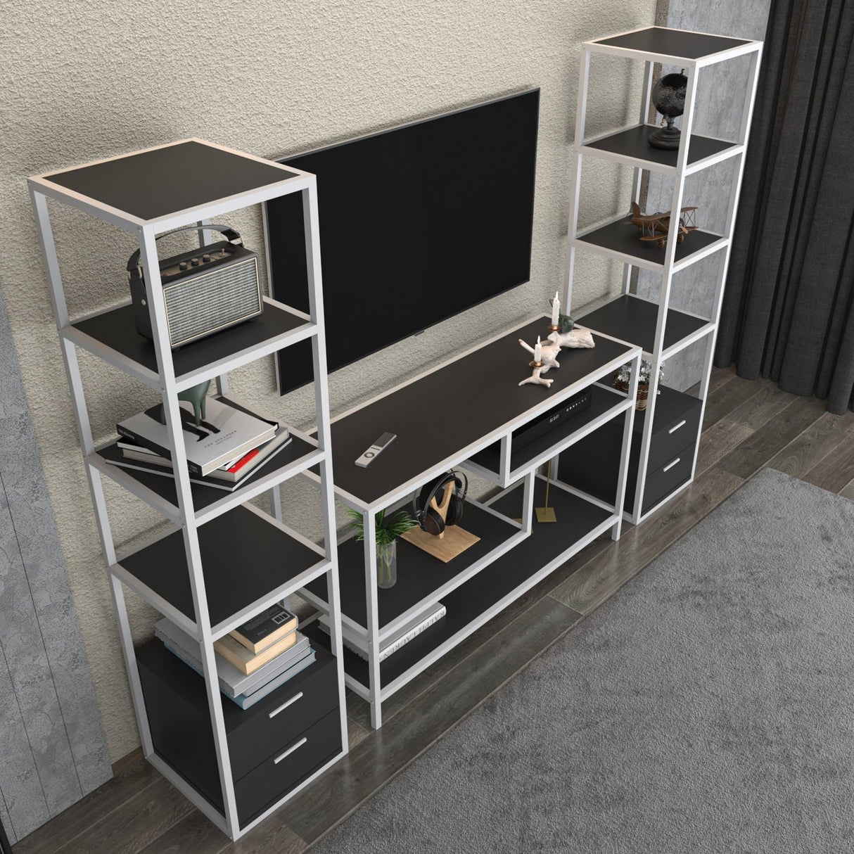 Comodă TV Robbins, Diverse culori, Diverse dimensiuni - Alb - Antracit - 198x39x160 cm | SKU: 322RTC2467 | Comodă TV Robbins, varianta Alb - Antracit - 198x39x160 cm, produs pentru amenajarea locuinței, disponibil online în România la CasaMob