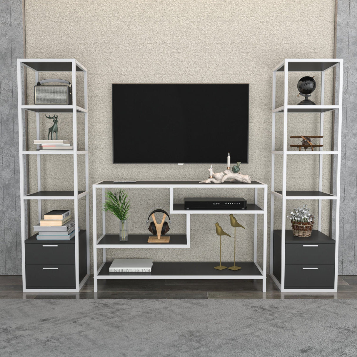 Comodă TV Robbins, Diverse culori, Diverse dimensiuni - Alb - Antracit - 198x39x160 cm | SKU: 322RTC2467 | Comodă TV Robbins, varianta Alb - Antracit - 198x39x160 cm, produs pentru amenajarea locuinței, disponibil online în România la CasaMob