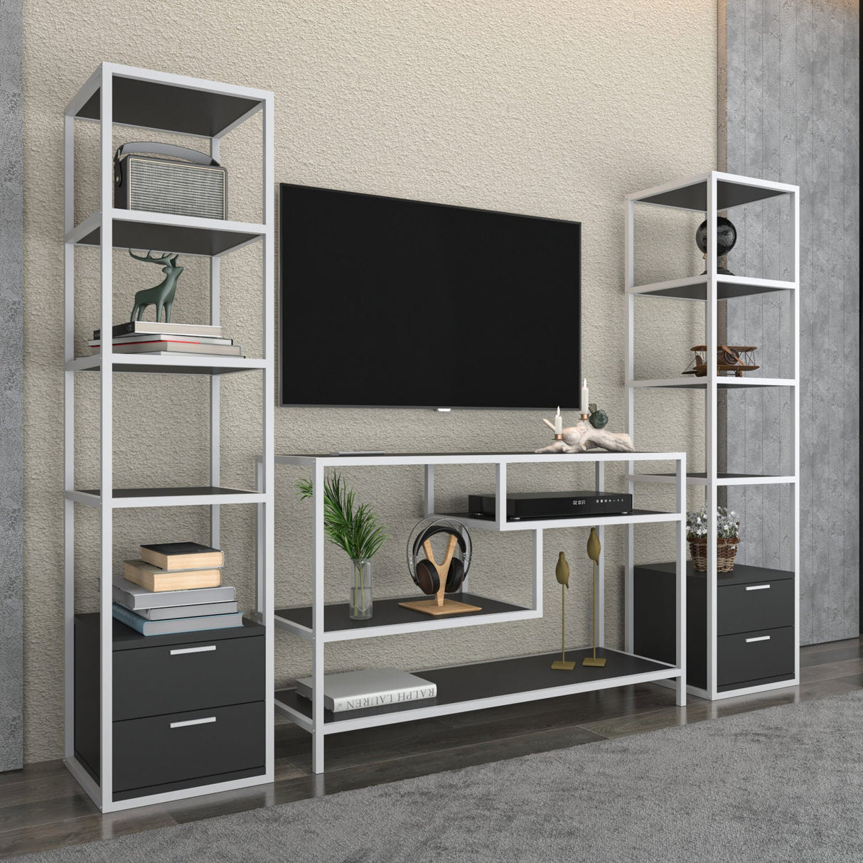 Comodă TV Robbins, Diverse culori, Diverse dimensiuni - Alb - Antracit - 198x39x160 cm | SKU: 322RTC2467 | Comodă TV Robbins, varianta Alb - Antracit - 198x39x160 cm, produs pentru amenajarea locuinței, disponibil online în România la CasaMob