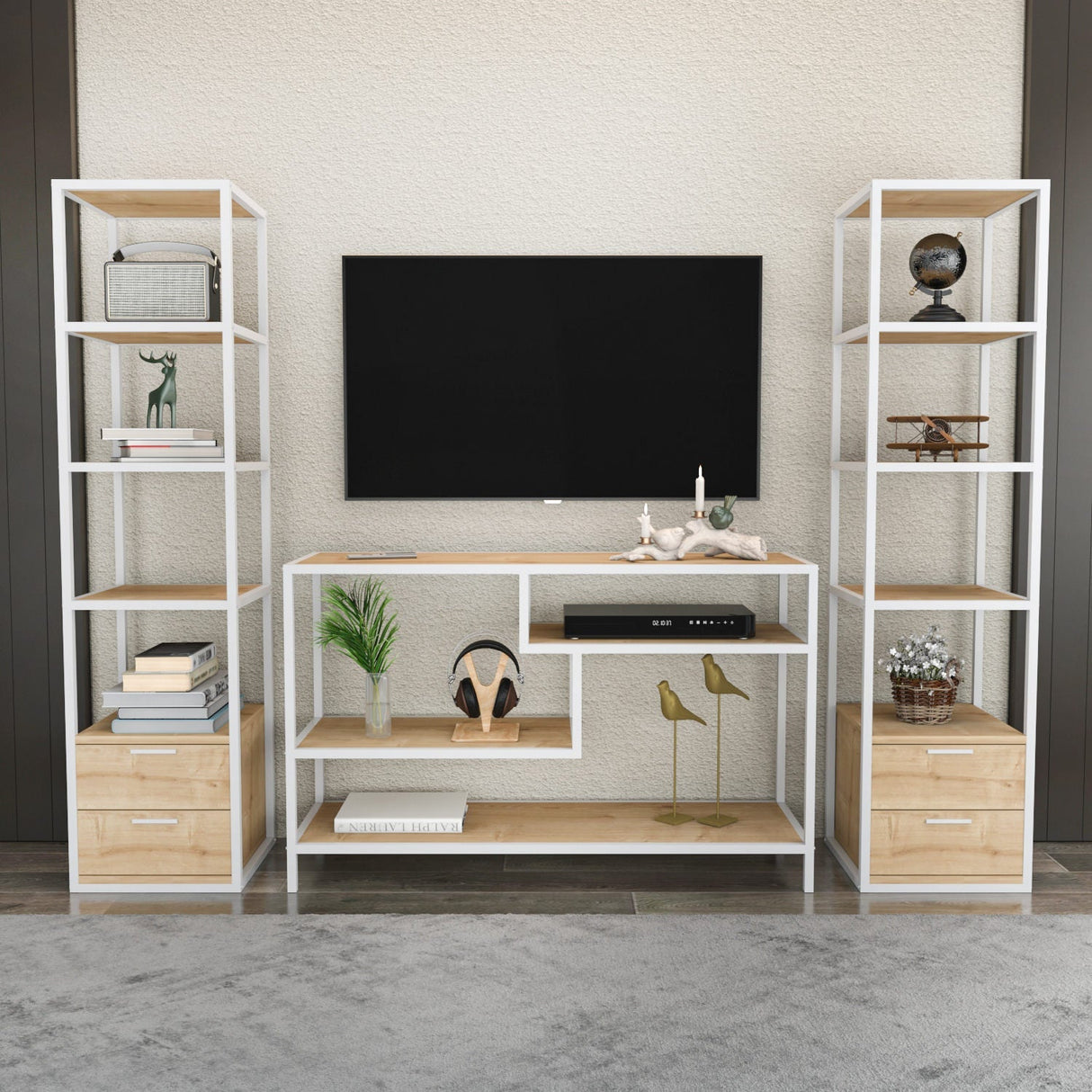 Comodă TV Robbins, Diverse culori, Diverse dimensiuni - Alb - Stejar - 198x39x160 cm | SKU: 322RTC2470 | Comodă TV Robbins, varianta Alb - Stejar - 198x39x160 cm, produs pentru amenajarea locuinței, disponibil online în România la CasaMob
