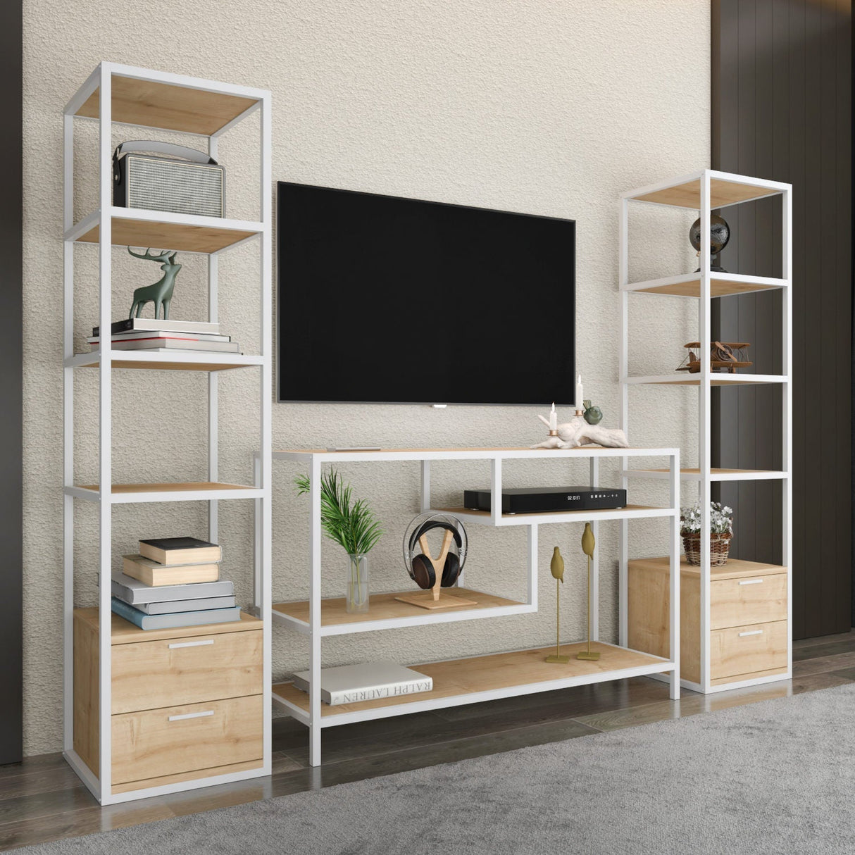 Comodă TV Robbins, Diverse culori, Diverse dimensiuni - Alb - Stejar - 198x39x160 cm | SKU: 322RTC2470 | Comodă TV Robbins, varianta Alb - Stejar - 198x39x160 cm, produs pentru amenajarea locuinței, disponibil online în România la CasaMob