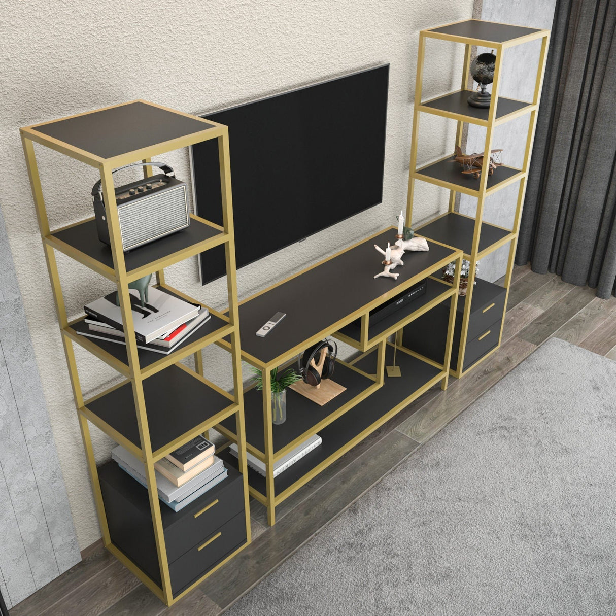 Comodă TV Robbins, Diverse culori, Diverse dimensiuni - Auriu - Antracit - 198x39x160 cm | SKU: 322RTC2471 | Comodă TV Robbins, varianta Auriu - Antracit - 198x39x160 cm, produs pentru amenajarea locuinței, disponibil online în România la CasaMob