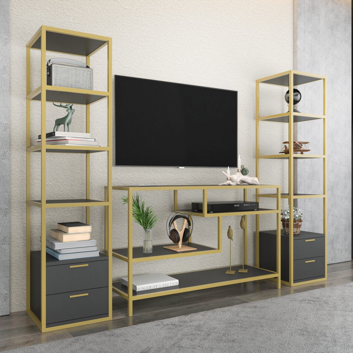 Comodă TV Robbins, Diverse culori, Diverse dimensiuni - Auriu - Antracit - 198x39x160 cm | SKU: 322RTC2471 | Comodă TV Robbins, varianta Auriu - Antracit - 198x39x160 cm, produs pentru amenajarea locuinței, disponibil online în România la CasaMob