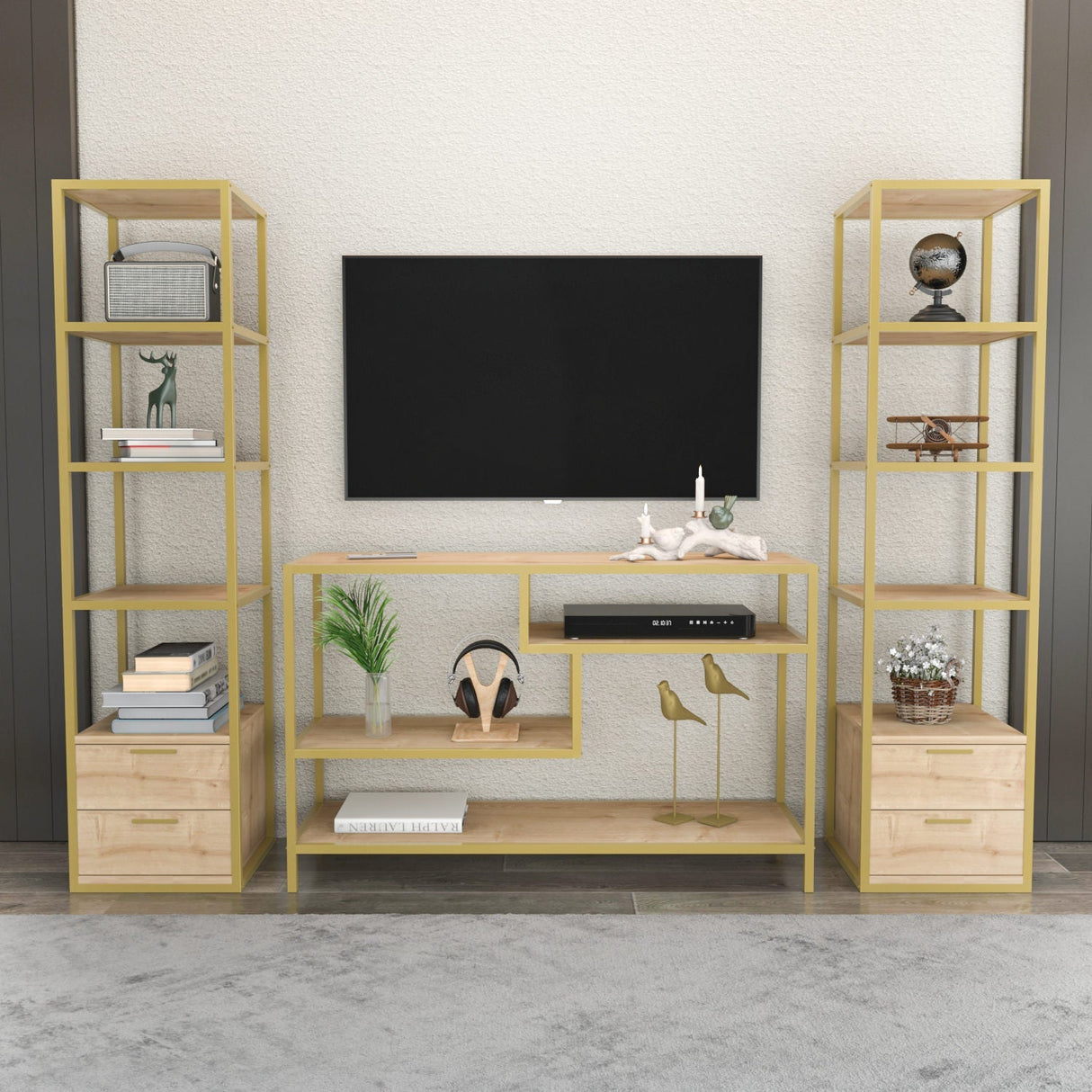 Comodă TV Robbins, Diverse culori, Diverse dimensiuni - Auriu - Stejar - 198x39x160 cm | SKU: 322RTC2473 | Comodă TV Robbins, varianta Auriu - Stejar - 198x39x160 cm, produs pentru amenajarea locuinței, disponibil online în România la CasaMob