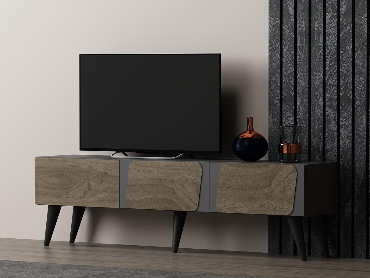 Comodă TV Veas, Diverse culori, 150x30x43 cm - Antracit - Nuc | SKU: 327ODS1135 | Comodă TV Veas, 150x30x43 cm, varianta Antracit - Nuc, produs pentru amenajarea locuinței, disponibil online în România la CasaMob