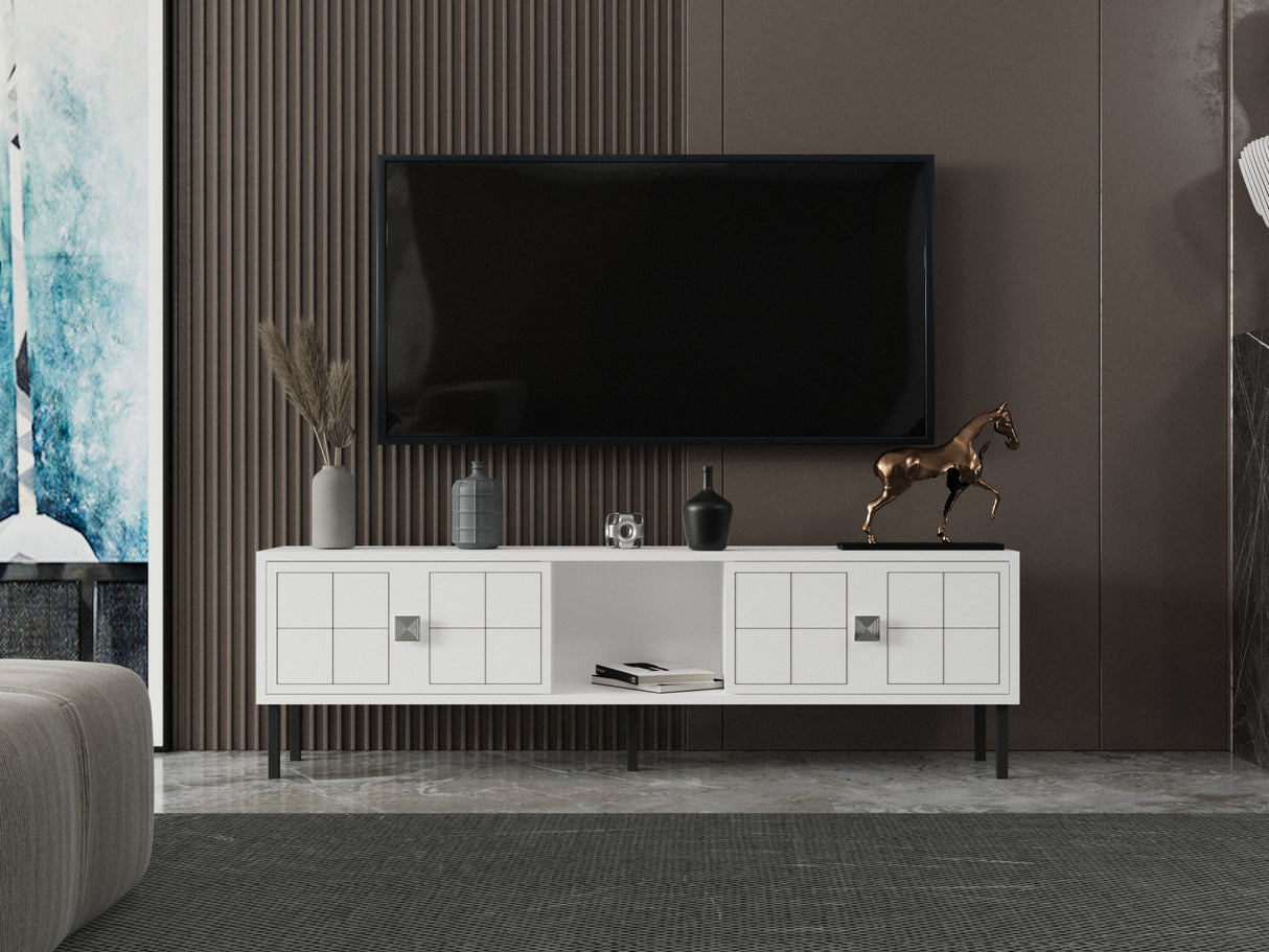 Comodă TV Keary, Alb - Argintiu, 150x30x45 cm