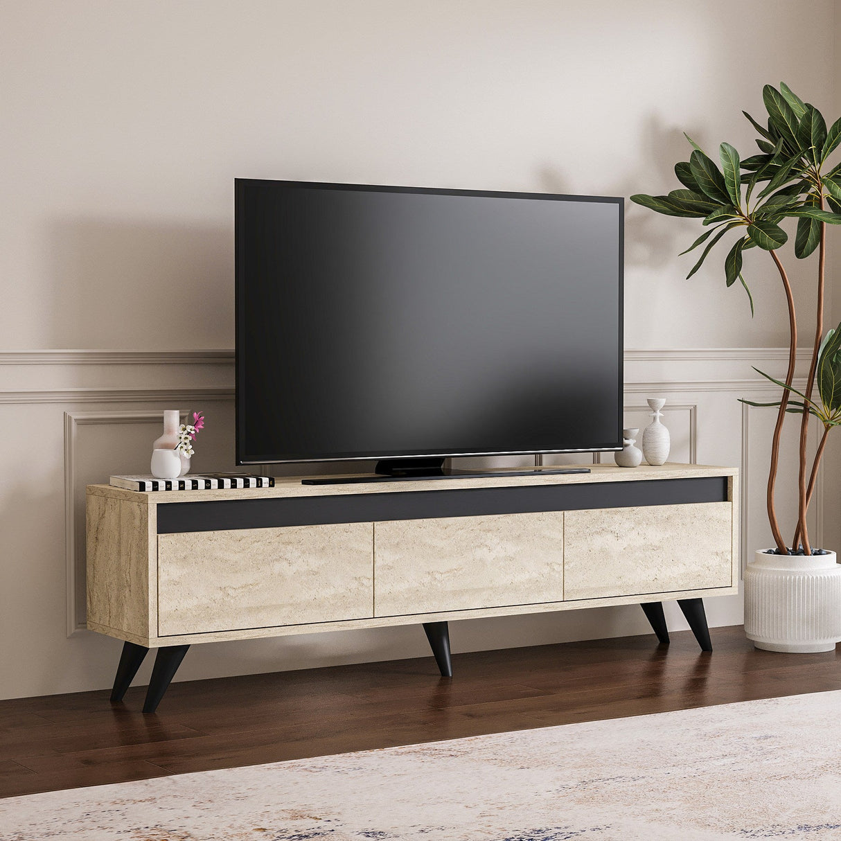 Comodă TV Century, Diverse culori, 150x30x45 cm - Travertin - Antracit | SKU: 327ODS1254 | Comodă TV Century, 150x30x45 cm, varianta Travertin - Antracit, produs pentru amenajarea locuinței, disponibil online în România la CasaMob