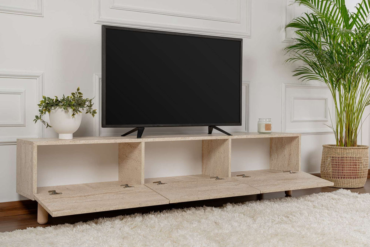 Comodă TV Alvin, Diverse culori, 180x31x42 cm - Travertin | SKU: 327ODS1256 | Comodă TV Alvin, 180x31x42 cm, varianta Travertin, produs pentru amenajarea locuinței, disponibil online în România la CasaMob