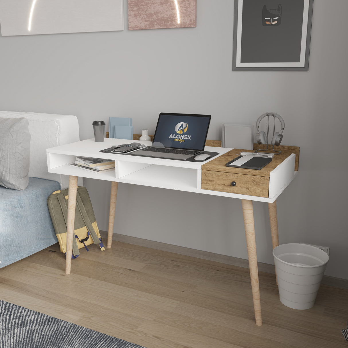 Birou Flex, Alb - Stejar, 120x53x72 cm