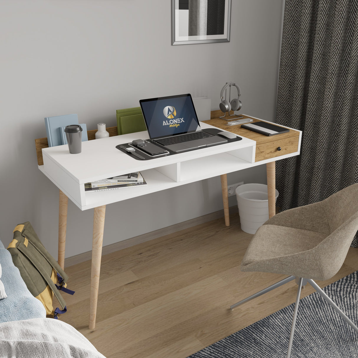 Birou Flex, Alb - Stejar, 120x53x72 cm