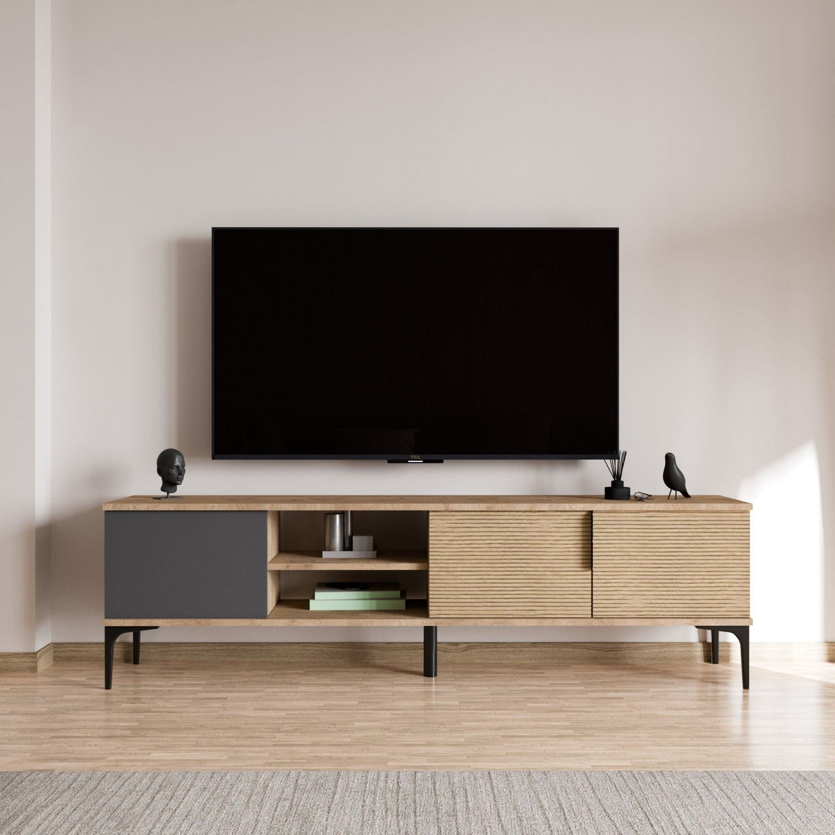 Comodă TV Tarz, Diverse culori, 180x33x49 cm - Antracit - Stejar | SKU: 360ALE1701 | Comodă TV Tarz, 180x33x49 cm, varianta Antracit - Stejar, produs pentru amenajarea locuinței, disponibil online în România la CasaMob