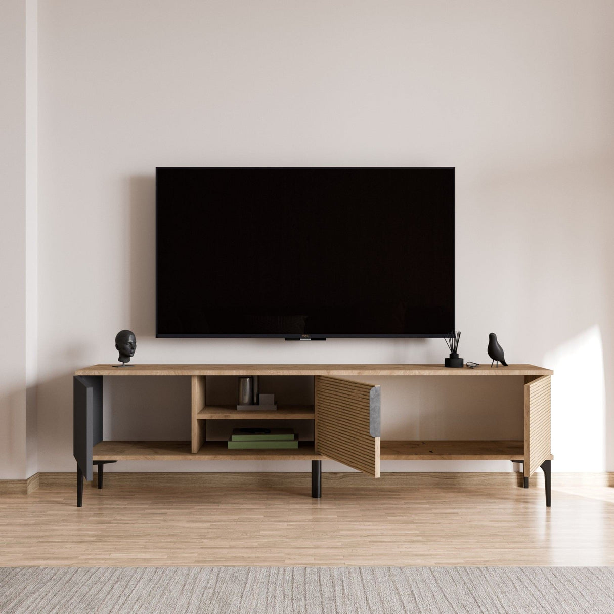 Comodă TV Tarz, Diverse culori, 180x33x49 cm - Antracit - Stejar | SKU: 360ALE1701 | Comodă TV Tarz, 180x33x49 cm, varianta Antracit - Stejar, produs pentru amenajarea locuinței, disponibil online în România la CasaMob