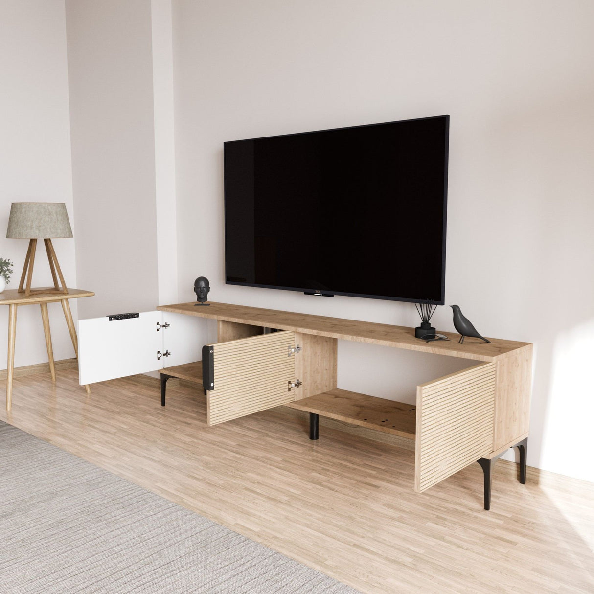Comodă TV Tarz, Diverse culori, 180x33x49 cm - Alb - Stejar | SKU: 360ALE1702 | Comodă TV Tarz, 180x33x49 cm, varianta Alb - Stejar, produs pentru amenajarea locuinței, disponibil online în România la CasaMob