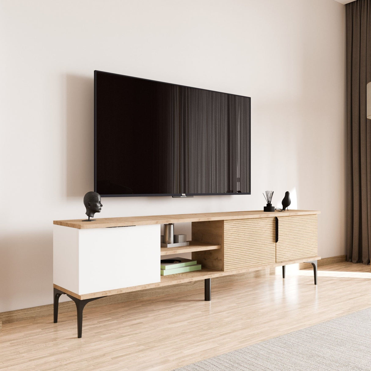 Comodă TV Tarz, Diverse culori, 180x33x49 cm - Alb - Stejar | SKU: 360ALE1702 | Comodă TV Tarz, 180x33x49 cm, varianta Alb - Stejar, produs pentru amenajarea locuinței, disponibil online în România la CasaMob