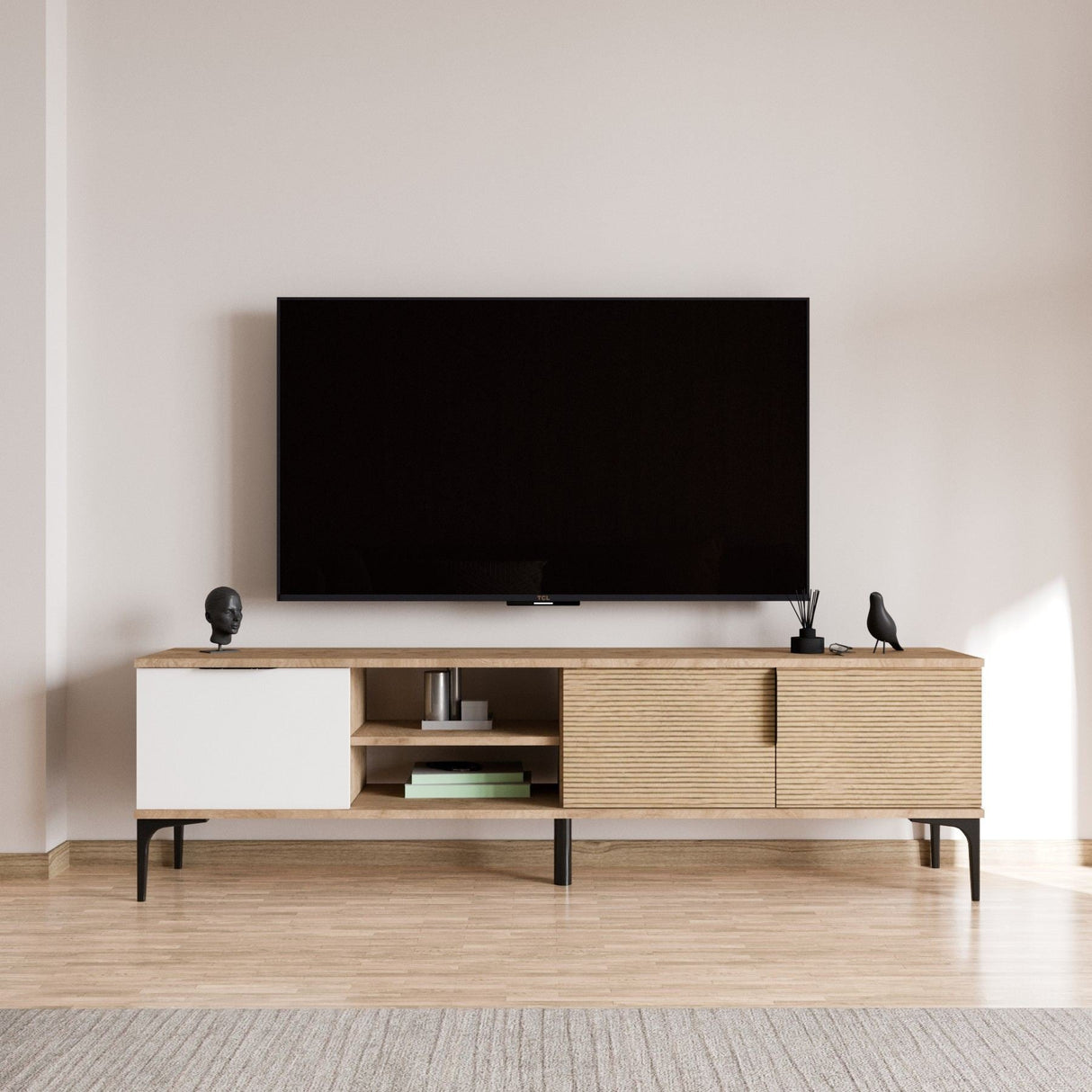 Comodă TV Tarz, Diverse culori, 180x33x49 cm - Alb - Stejar | SKU: 360ALE1702 | Comodă TV Tarz, 180x33x49 cm, varianta Alb - Stejar, produs pentru amenajarea locuinței, disponibil online în România la CasaMob