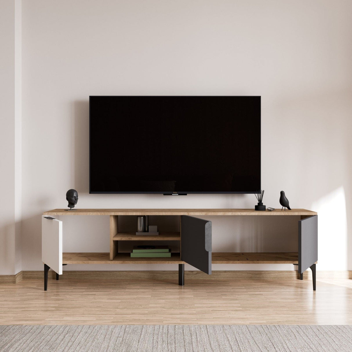 Comodă TV Tarz, Diverse culori, 180x33x49 cm - Alb - Antracit - Stejar | SKU: 360ALE1703 | Comodă TV Tarz, 180x33x49 cm, varianta Alb - Antracit - Stejar, produs pentru amenajarea locuinței, disponibil online în România la CasaMob