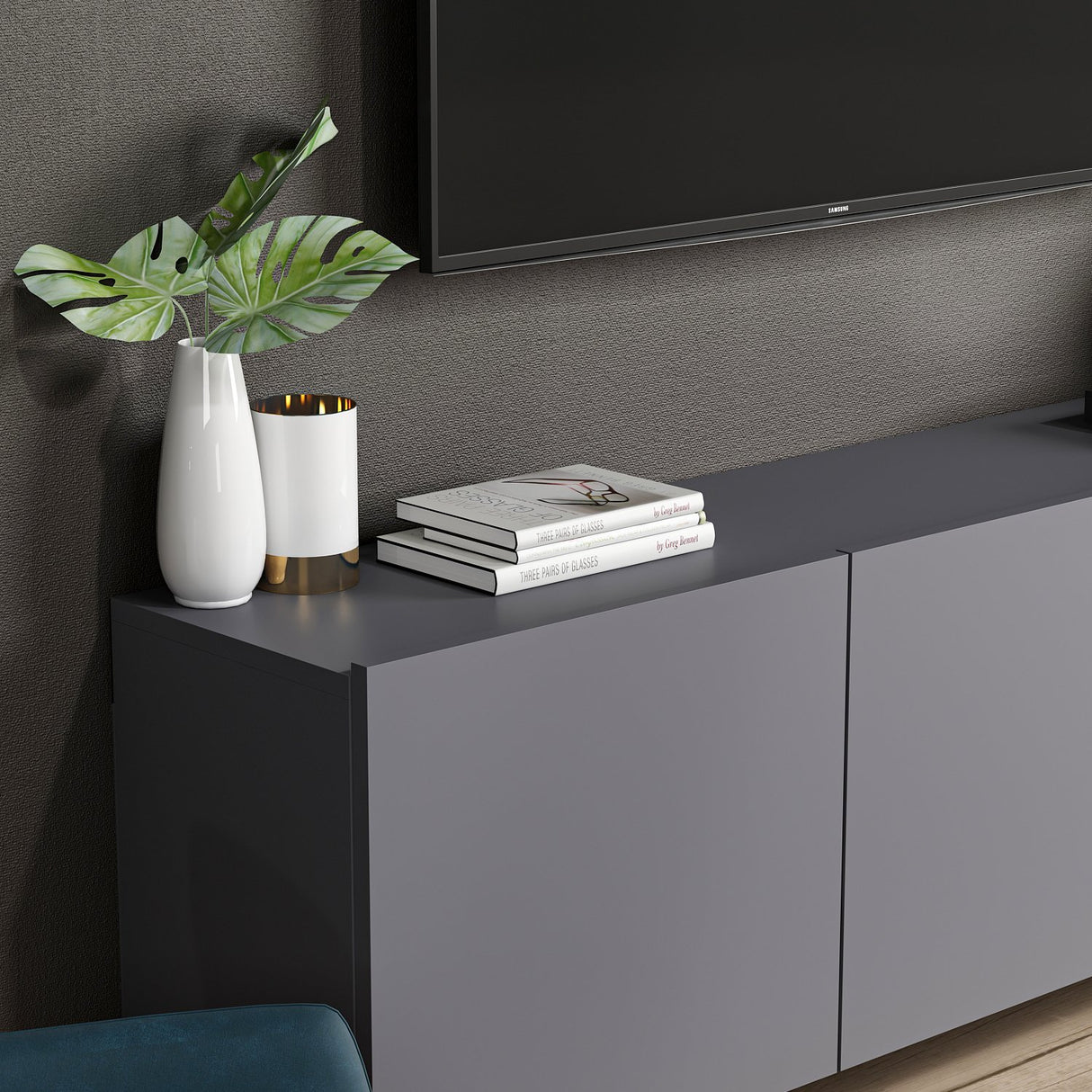 Comodă TV White, Antracit, 150x31x44 cm