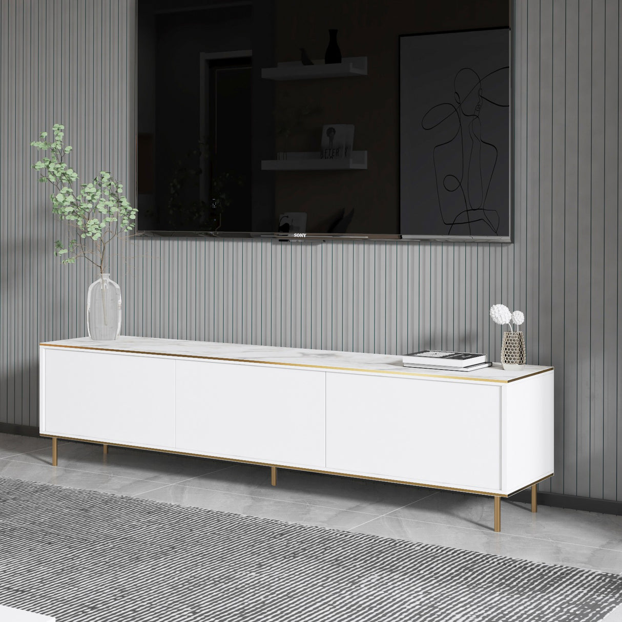 Comodă TV Imaj - Marble, White, White marble - Auriu, 180x35x45 cm