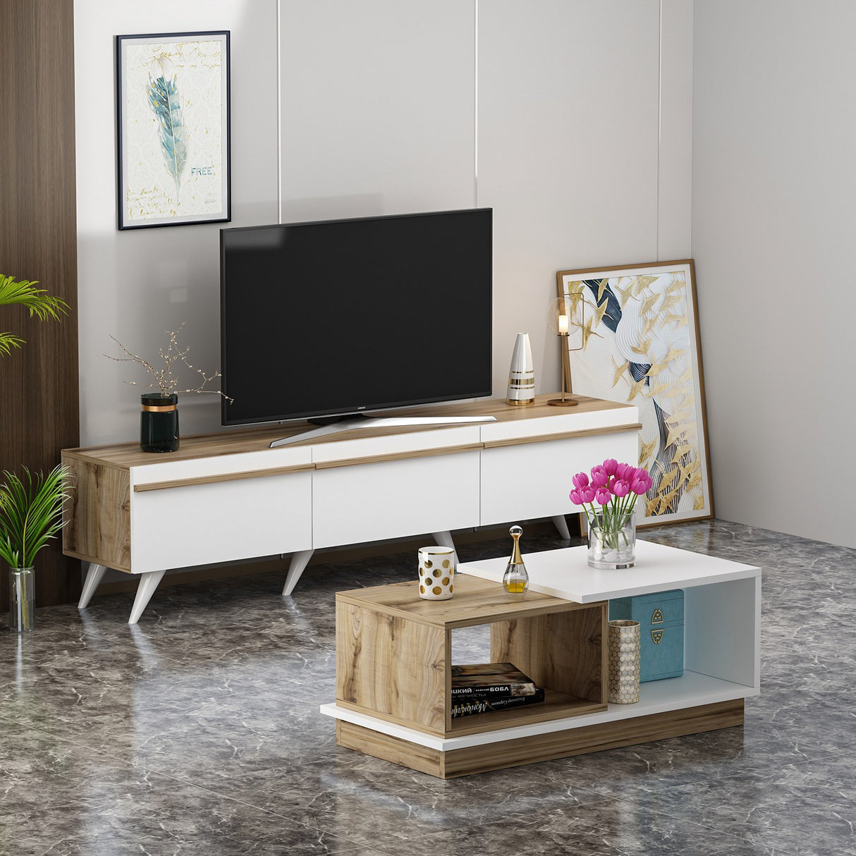 Set mobilă pentru sufragerie Valentina, Alb - Sapphire, 180x35x42 cm