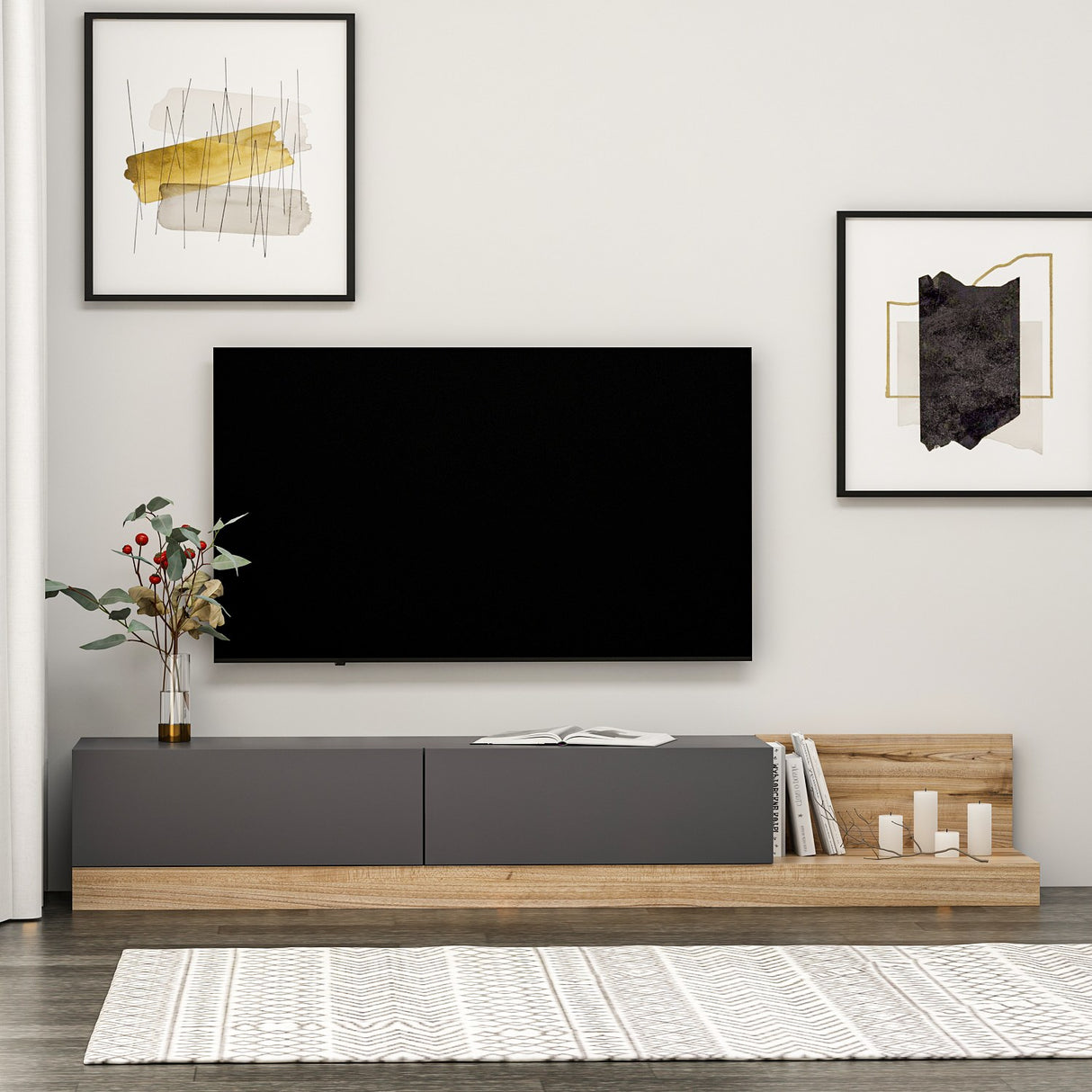 Comodă TV Majör, Antracit - Nuc, 180x37x30 cm
