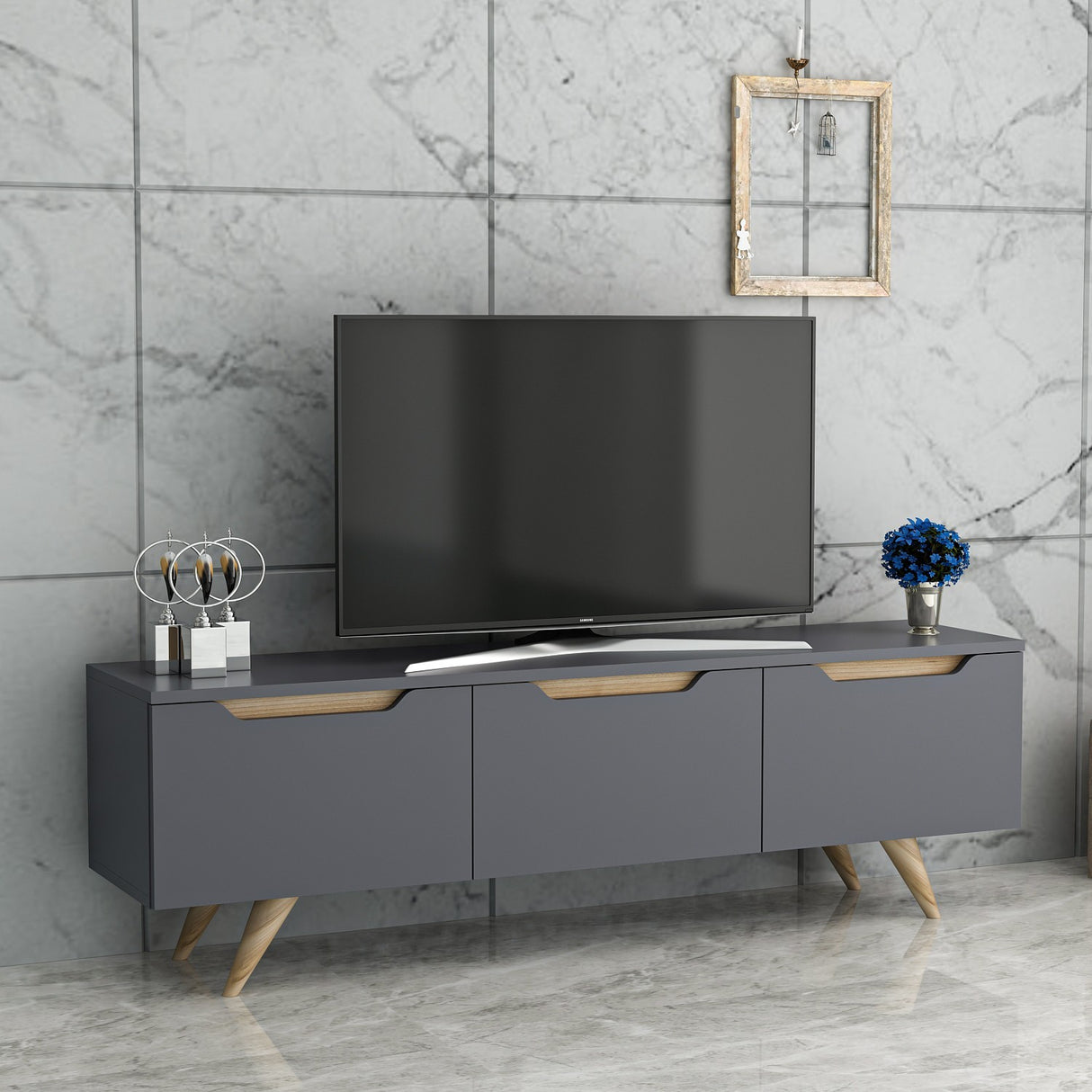 Comodă TV Prag, Antracit - Stejar, 150x35x44 cm