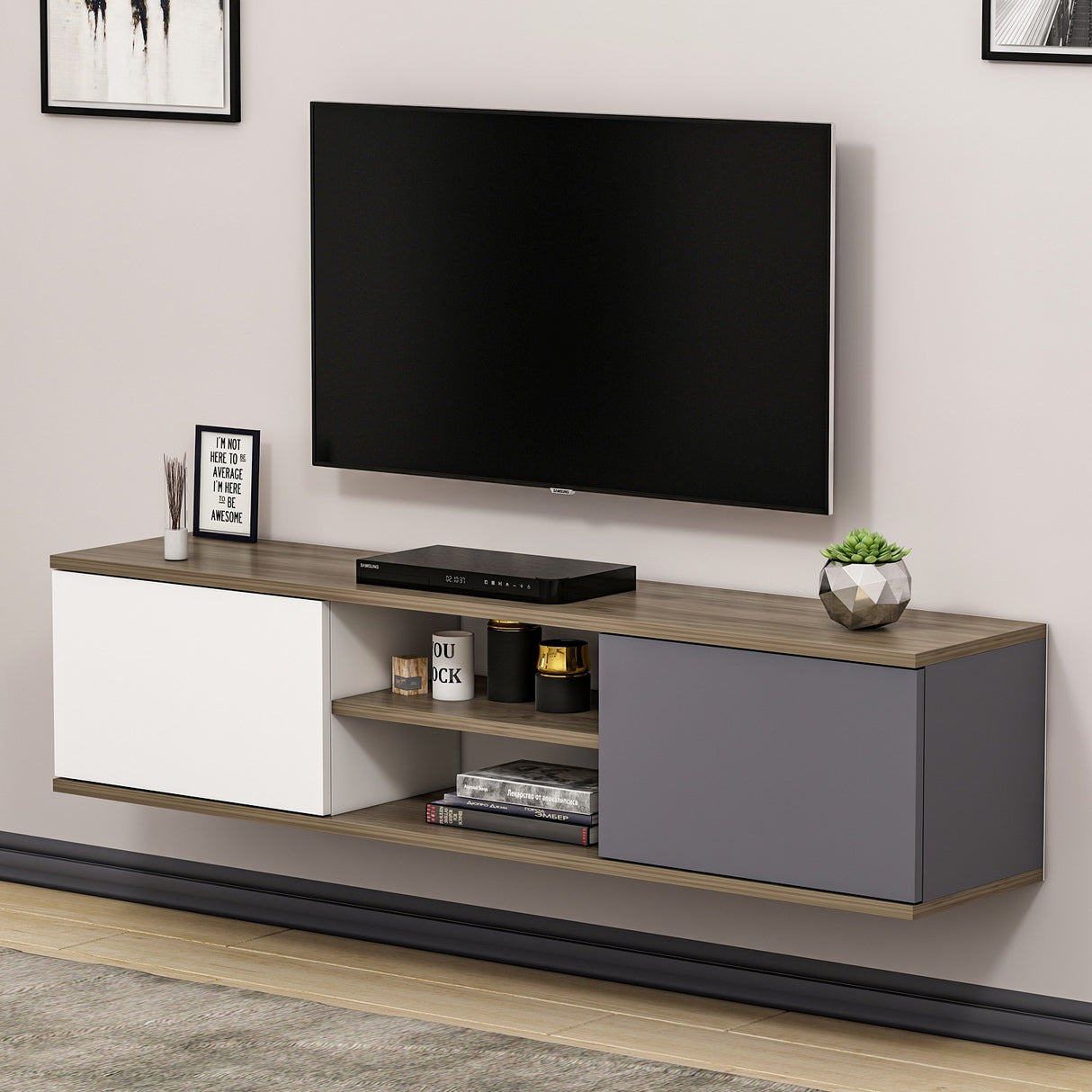 Comodă TV Ayze, Antracit - Nuc - Alb, 160x32x33 cm