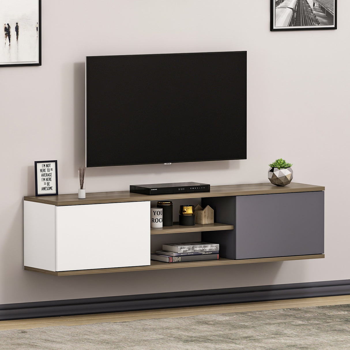 Comodă TV Ayze, Antracit - Nuc - Alb, 160x32x33 cm